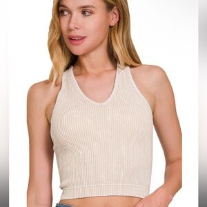 NEW ZENANA WASHED RIBBED SEAMLESS BRA PADDED V-NECK TANK TOP SAND BEIGE S/M L/XL